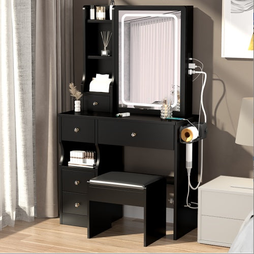 Small Space Left Drawer Desktop Vanity Table Cushioned Stool,  Power Station, Hair Dryer Bracket